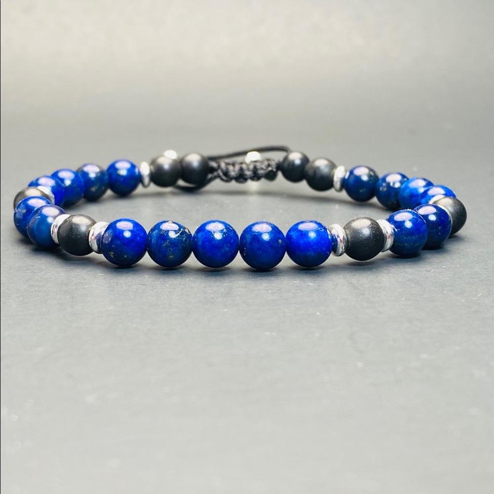 Men Lapis and Onyx Beaded Adjustable Bracelet - Picture 2 of 4